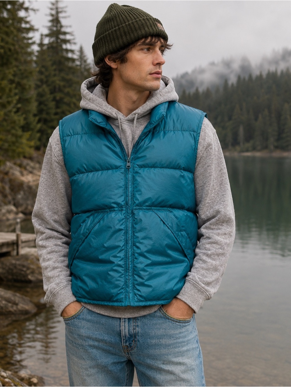 Vintage Eddie Bauer Goose Down Vest Mens L Teal Nylon Puffer Jacket Sleeveless